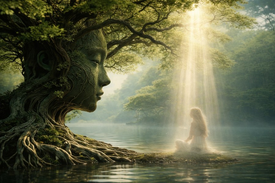 Spiritual Healing – Frau und Baum in der Natur